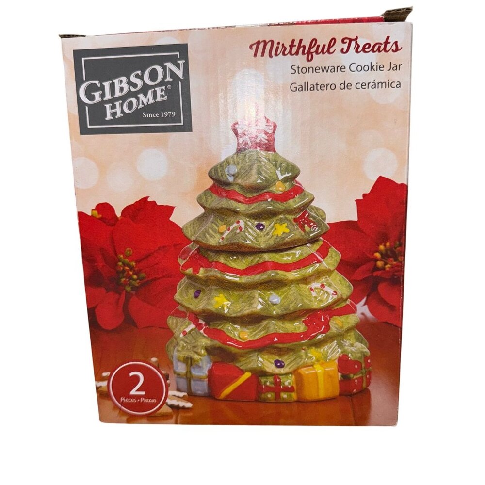 NIB Gibson Home Mirthful Treats Stoneware Cookie JAR 2 Pieces Christmas Tree